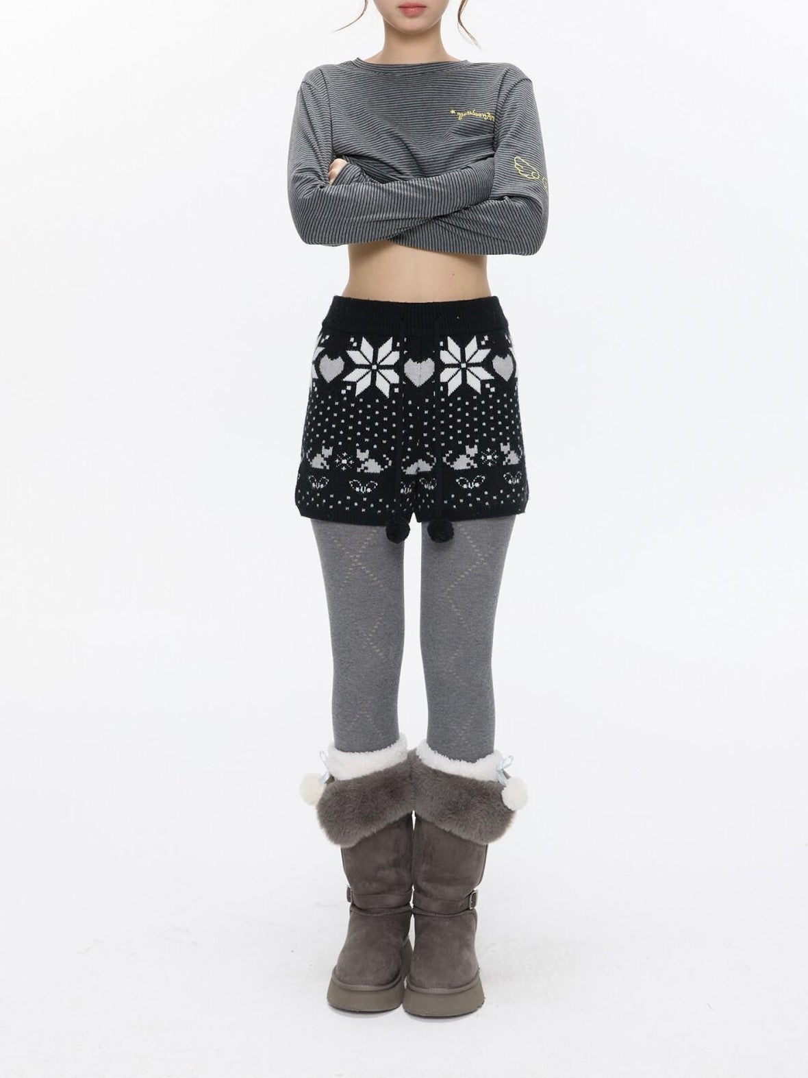 BETWEENAND Snowflake Polka Vintage High Waist Knitted Women&