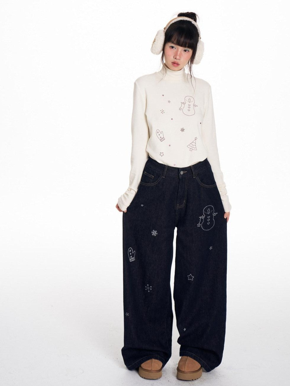 BETWEENAND Snowman Print Vintage Loose Slimming Fleece Lined Women&
