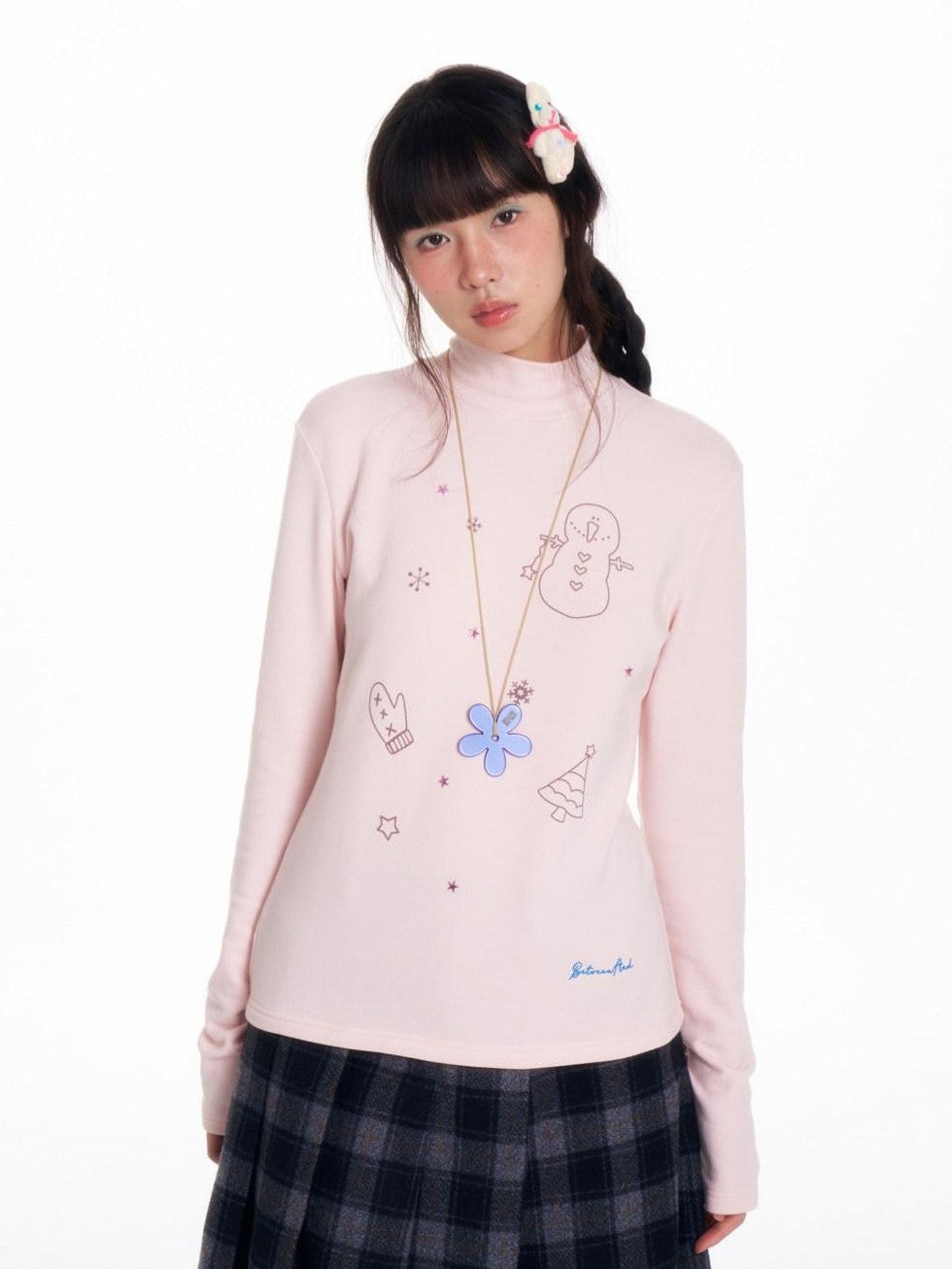BETWEENAND Soft Beaded Letter Print Mock Neck Women&