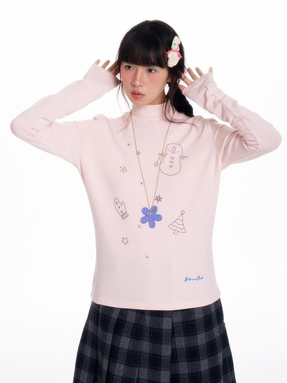 BETWEENAND Soft Beaded Letter Print Mock Neck Women&