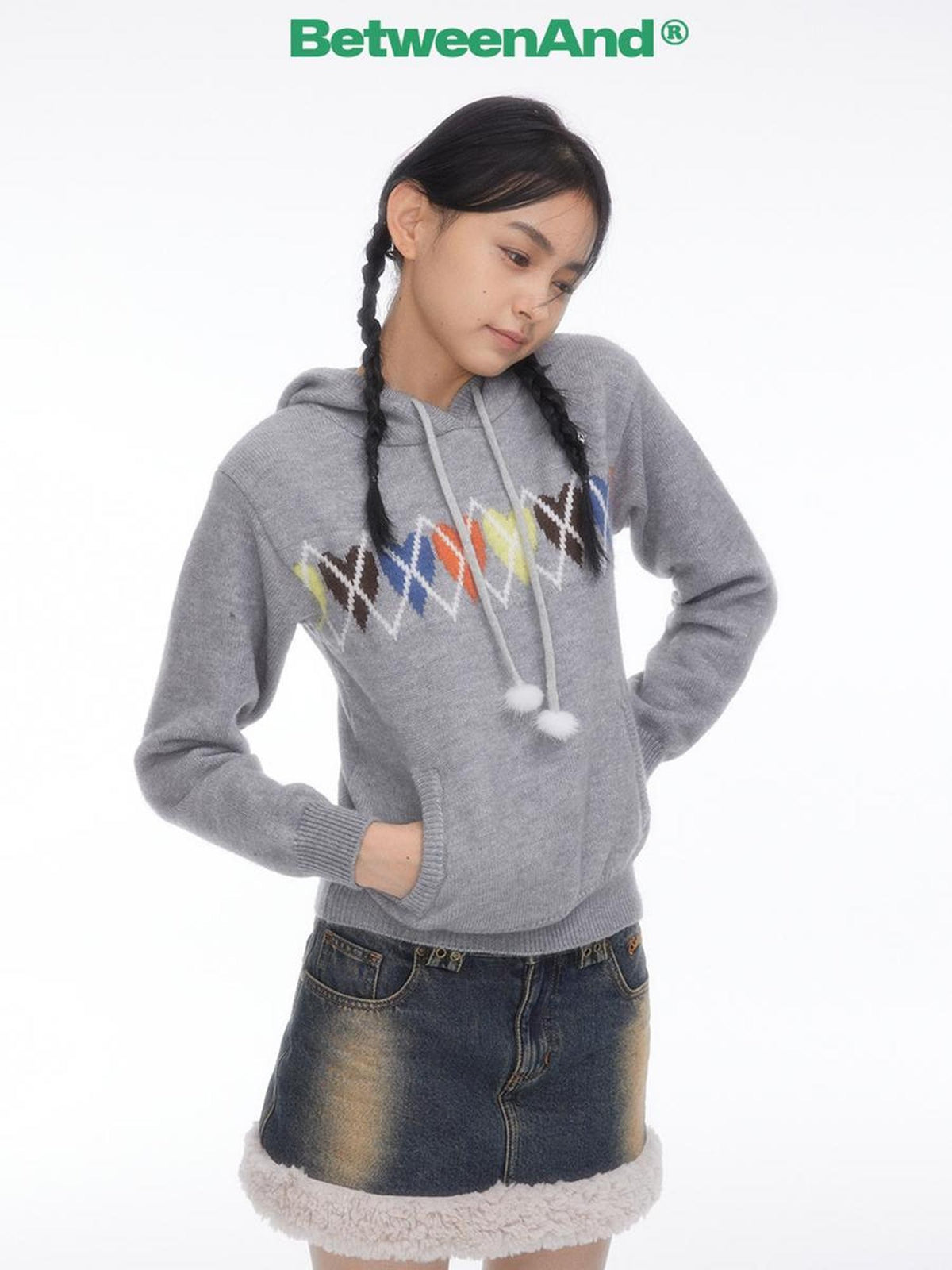 BETWEENAND Soft Gray Sporty Casual Heart Diamond Knit Women&
