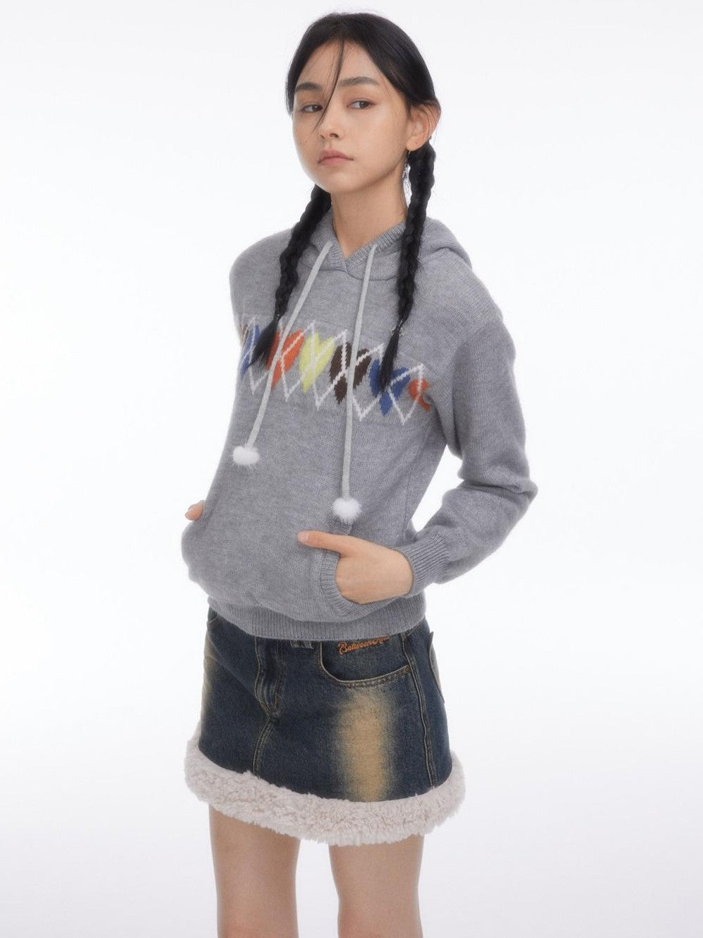 BETWEENAND Soft Gray Sporty Casual Heart Diamond Knit Women&