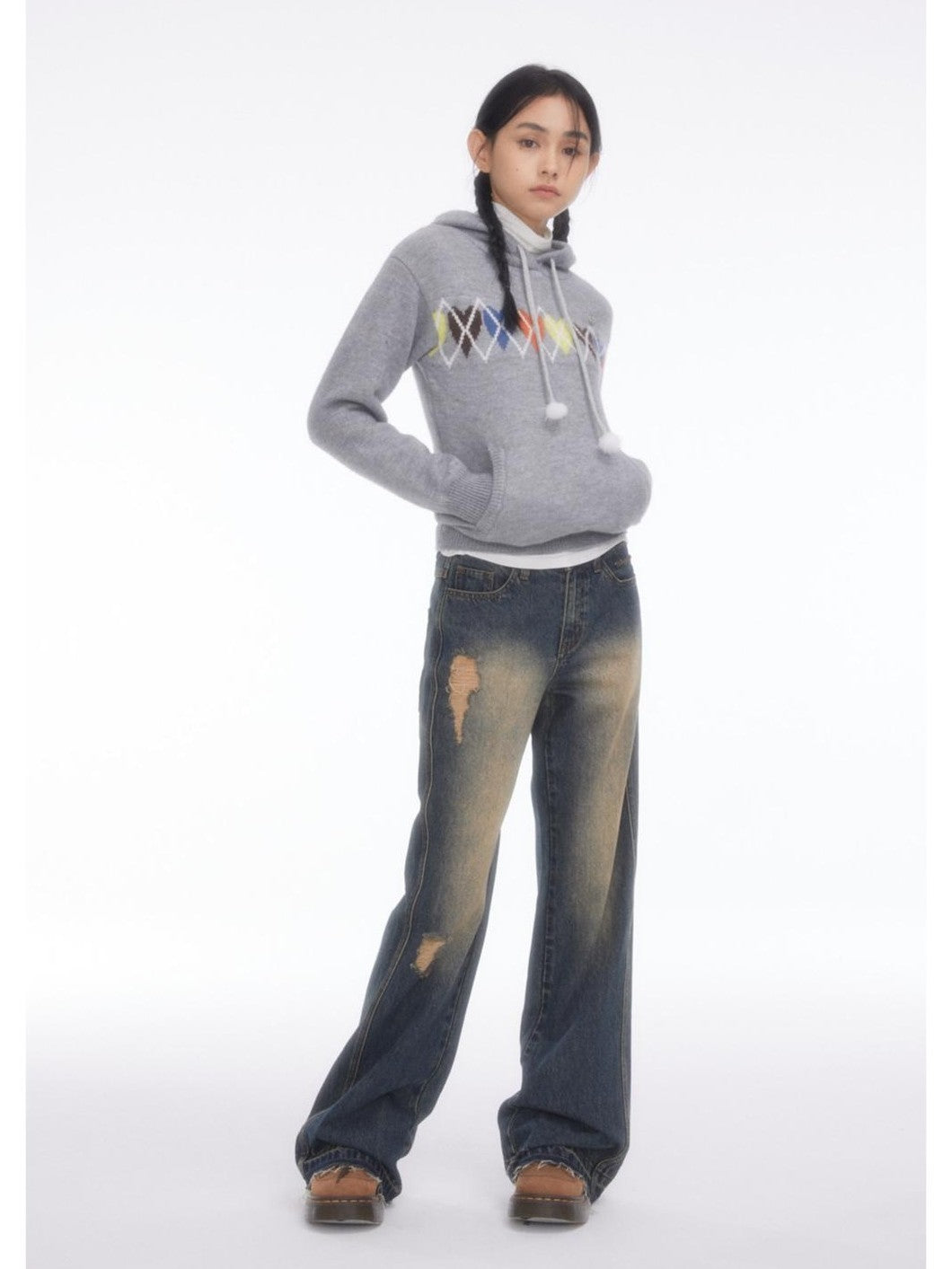 BETWEENAND Soft Gray Sporty Casual Heart Diamond Knit Women&