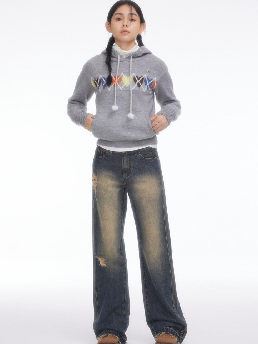 BETWEENAND Soft Gray Sporty Casual Heart Diamond Knit Women&