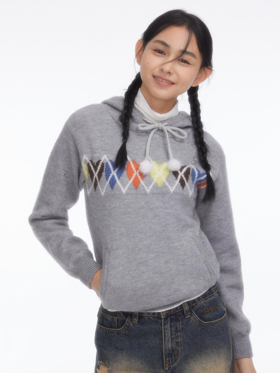BETWEENAND Soft Gray Sporty Casual Heart Diamond Knit Women&