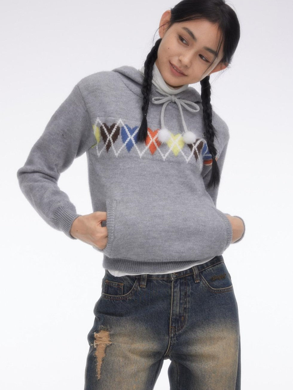 BETWEENAND Soft Gray Sporty Casual Heart Diamond Knit Women&