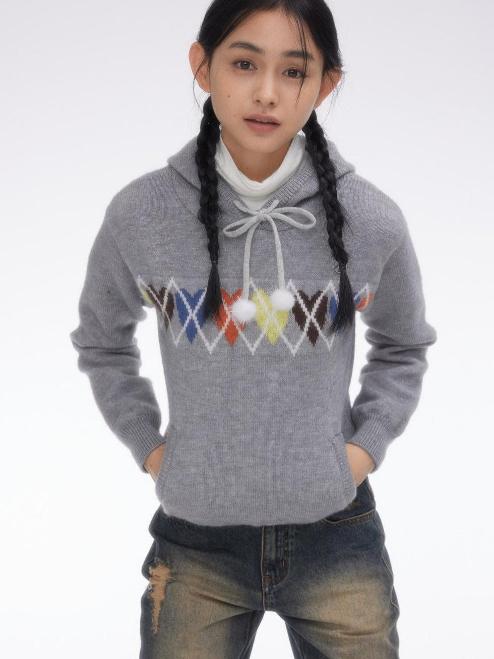 BETWEENAND Soft Gray Sporty Casual Heart Diamond Knit Women&