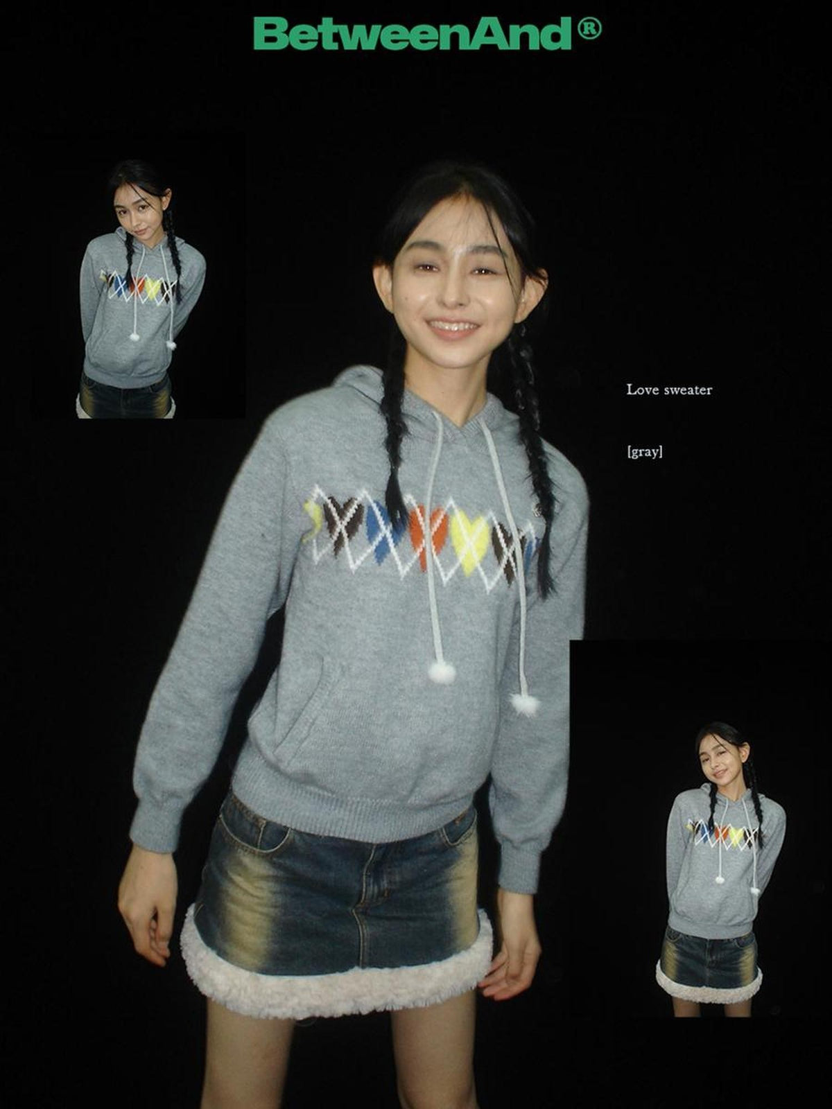BETWEENAND Soft Gray Sporty Casual Heart Diamond Knit Women&