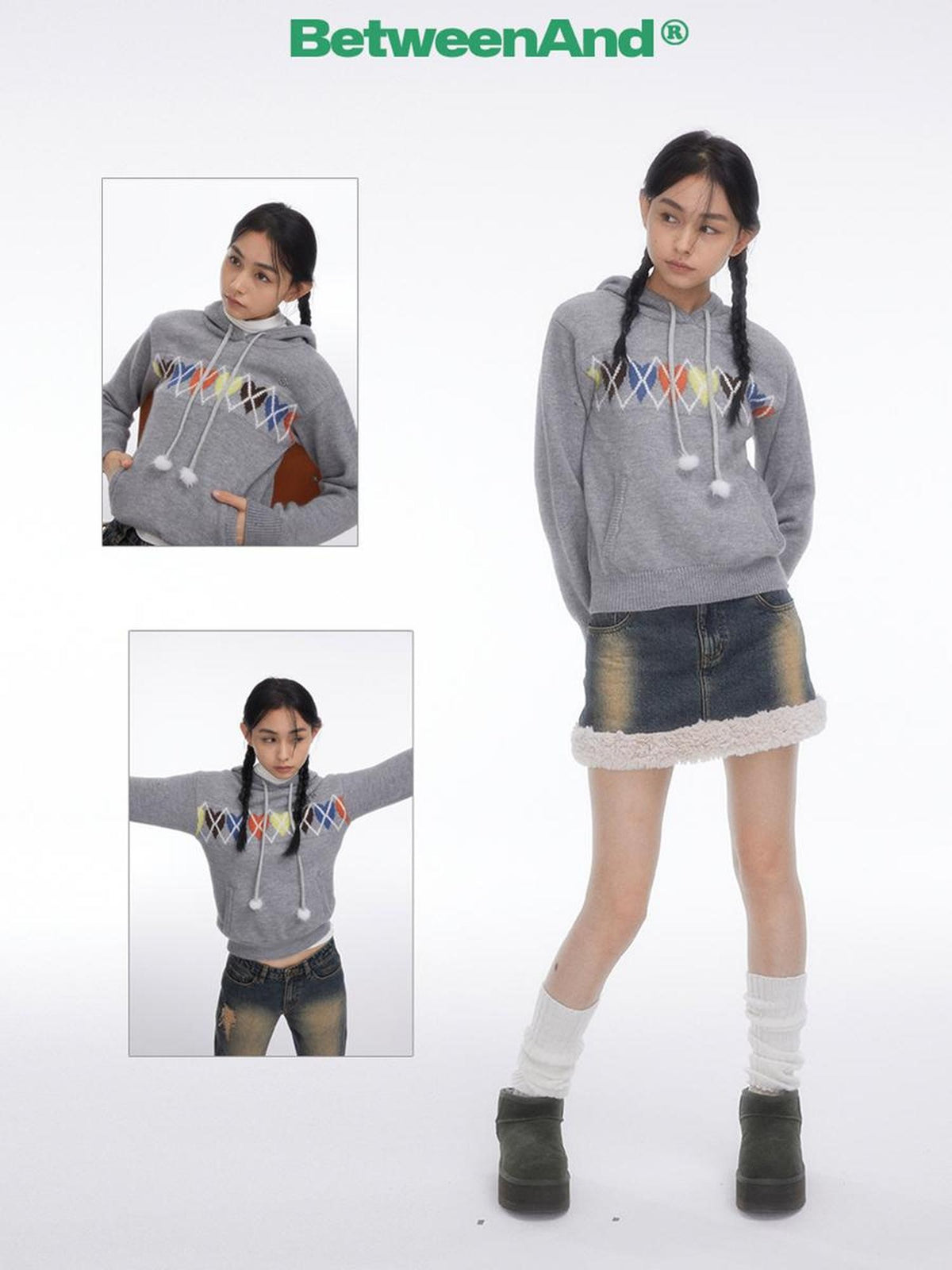 BETWEENAND Soft Gray Sporty Casual Heart Diamond Knit Women&