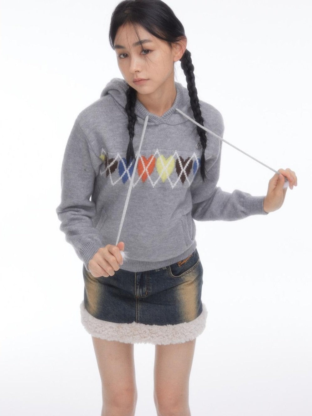 BETWEENAND Soft Gray Sporty Casual Heart Diamond Knit Women&