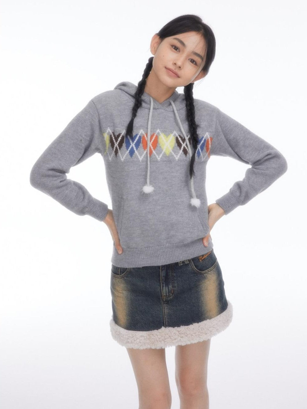 BETWEENAND Soft Gray Sporty Casual Heart Diamond Knit Women&