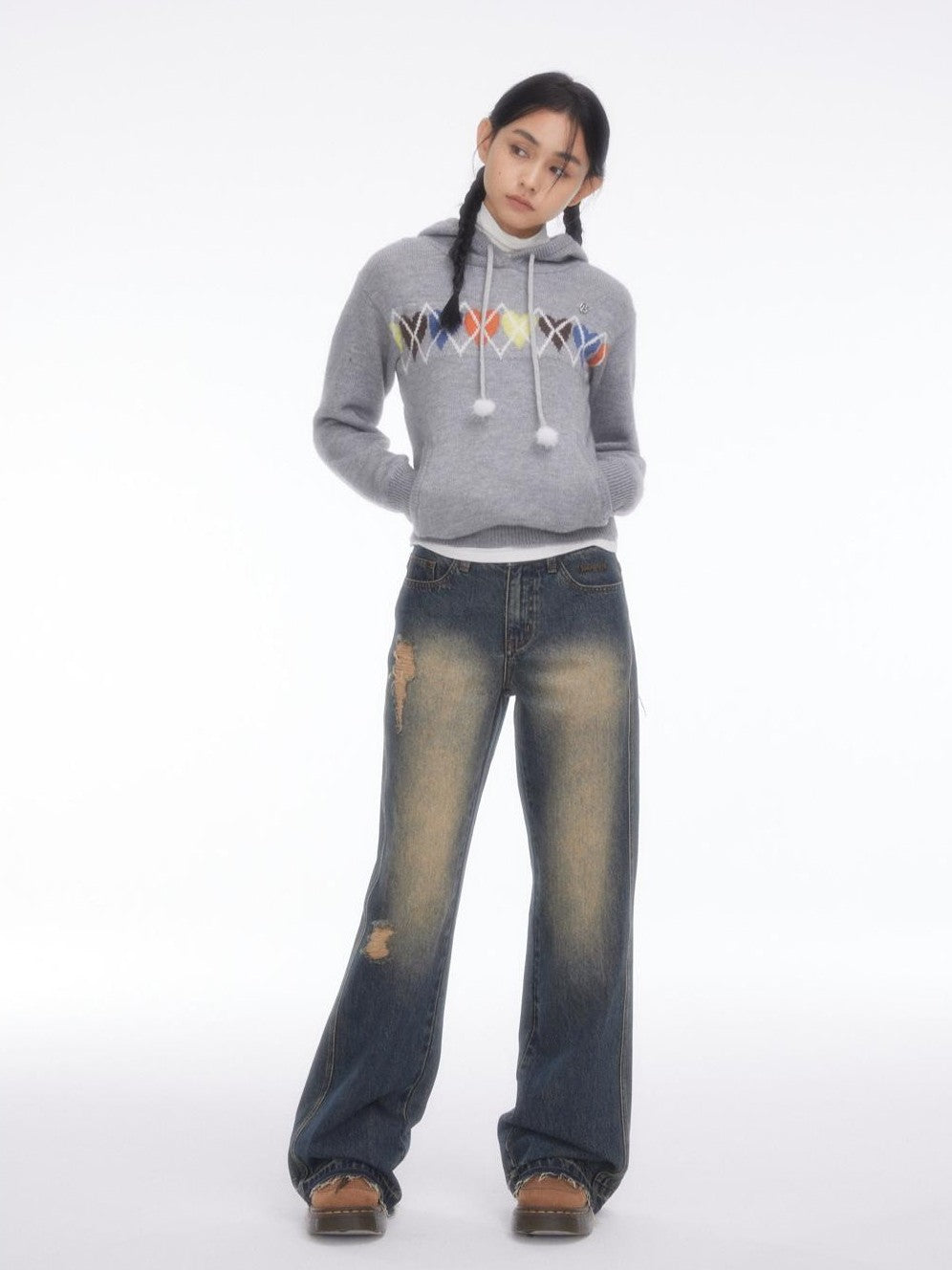 BETWEENAND Soft Gray Sporty Casual Heart Diamond Knit Women&