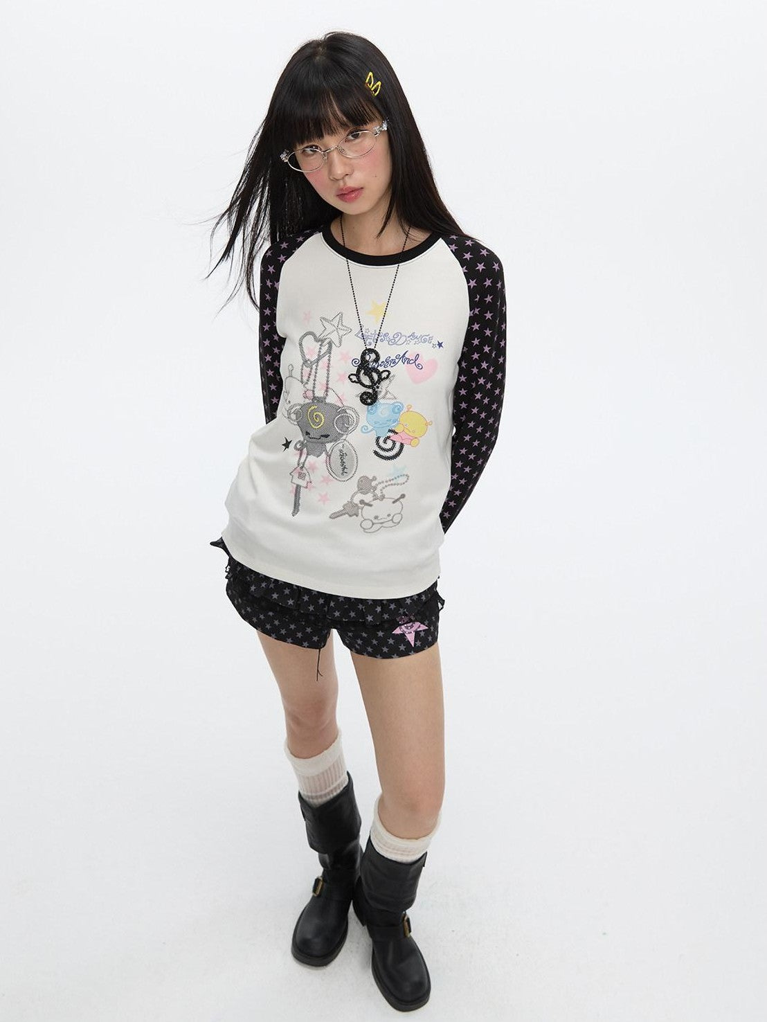 BETWEENAND Star Colorblock Raglan Print Women&