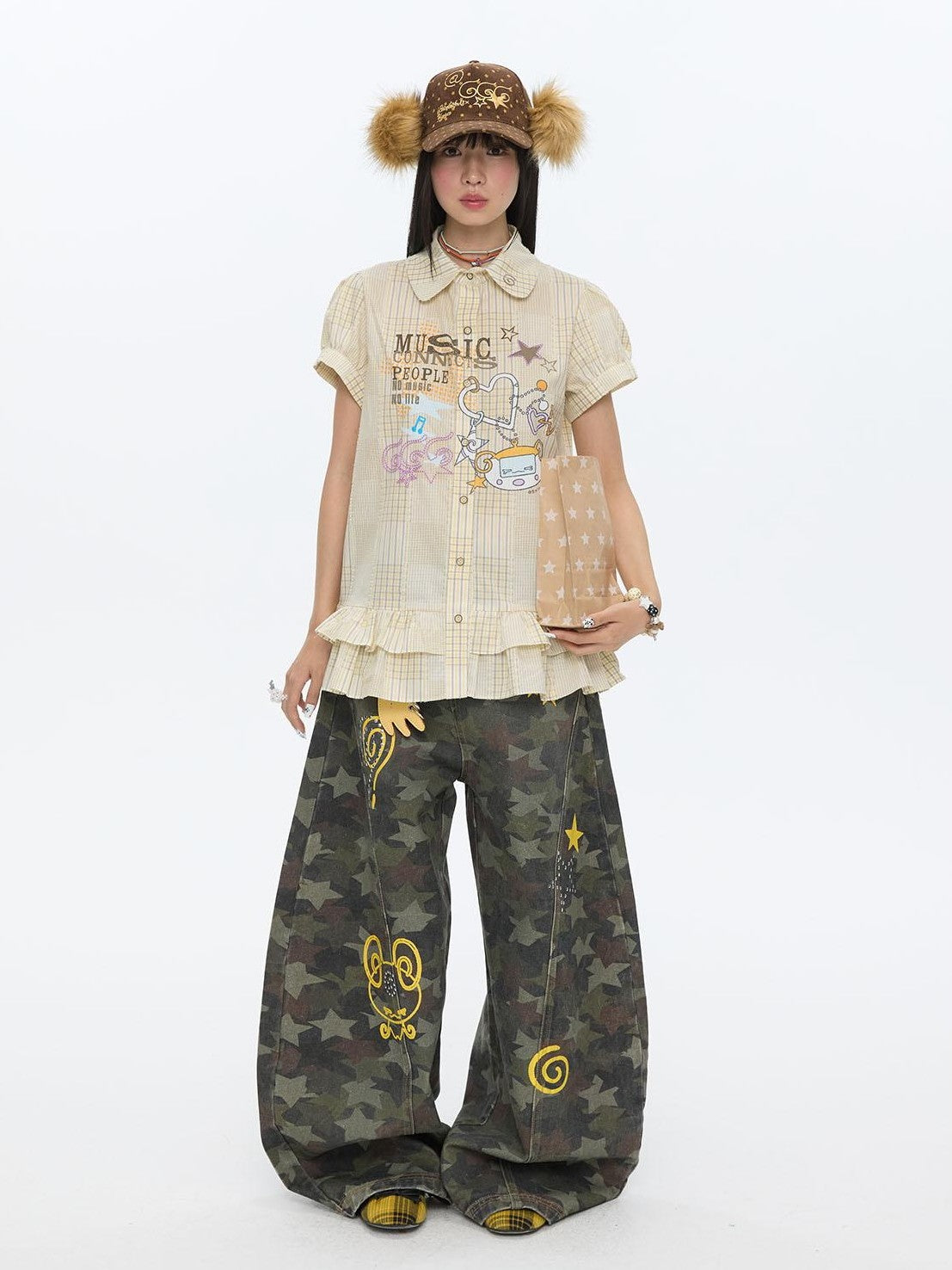 BETWEENAND Star Hotfix Rhinestone Camouflage Curved Blade Loose Women&