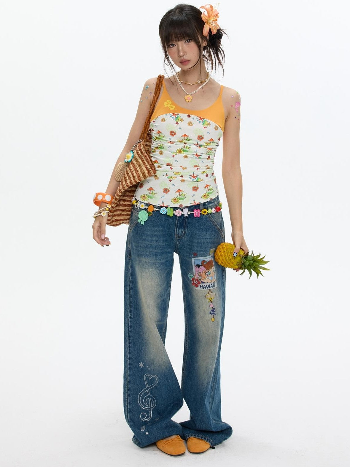 BETWEENAND Star Polka Dot Patchwork Washed Women&