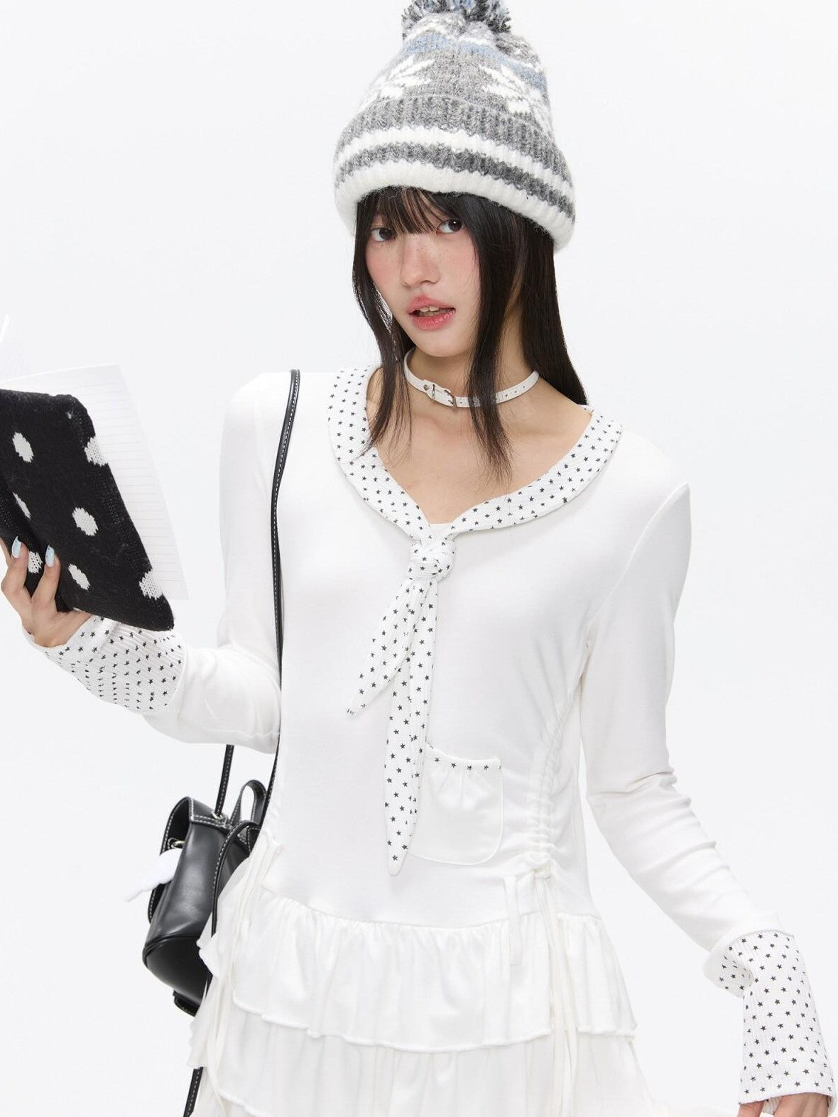 BETWEENAND Star Polka Tie Neck Spliced Ruffle Pleated Women&