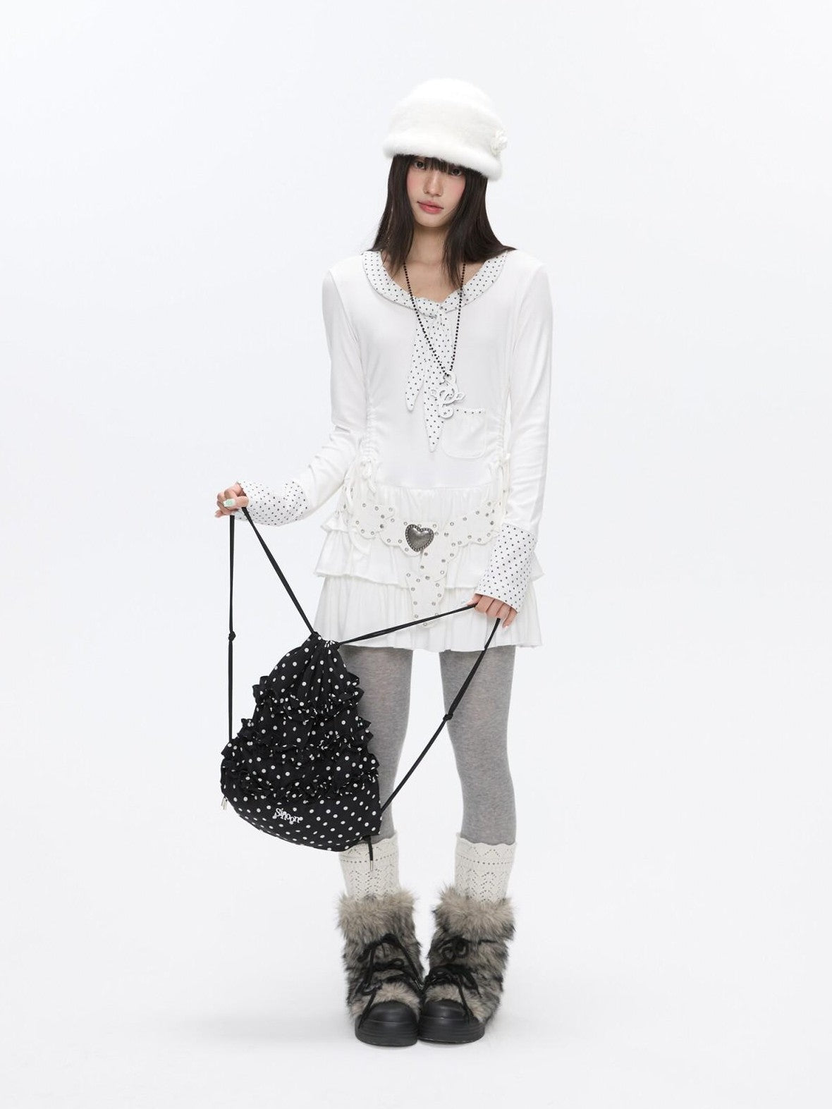BETWEENAND Star Polka Tie Neck Spliced Ruffle Pleated Women&