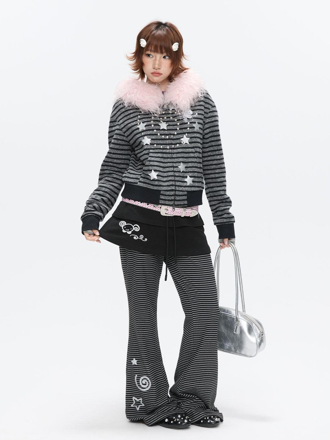 BETWEENAND Striped Tiered Printed Micro Flare Women&