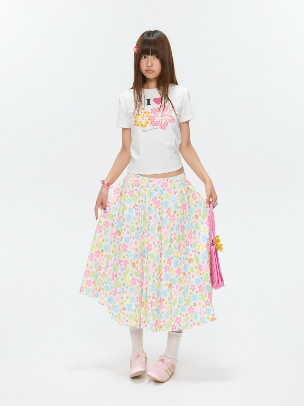 BETWEENAND Two Tone Floral Print Crewneck Short Sleeve Women&