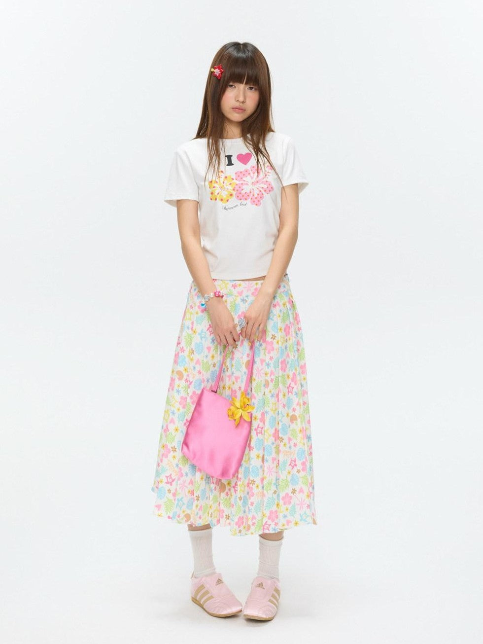 BETWEENAND Two Tone Floral Print Crewneck Short Sleeve Women&