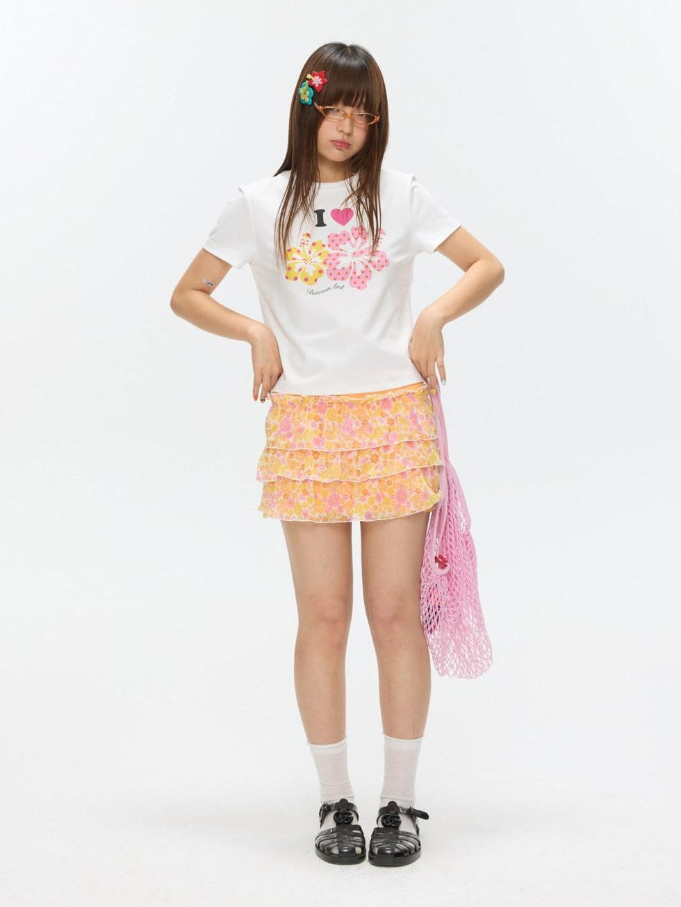 BETWEENAND Two Tone Floral Print Crewneck Short Sleeve Women&
