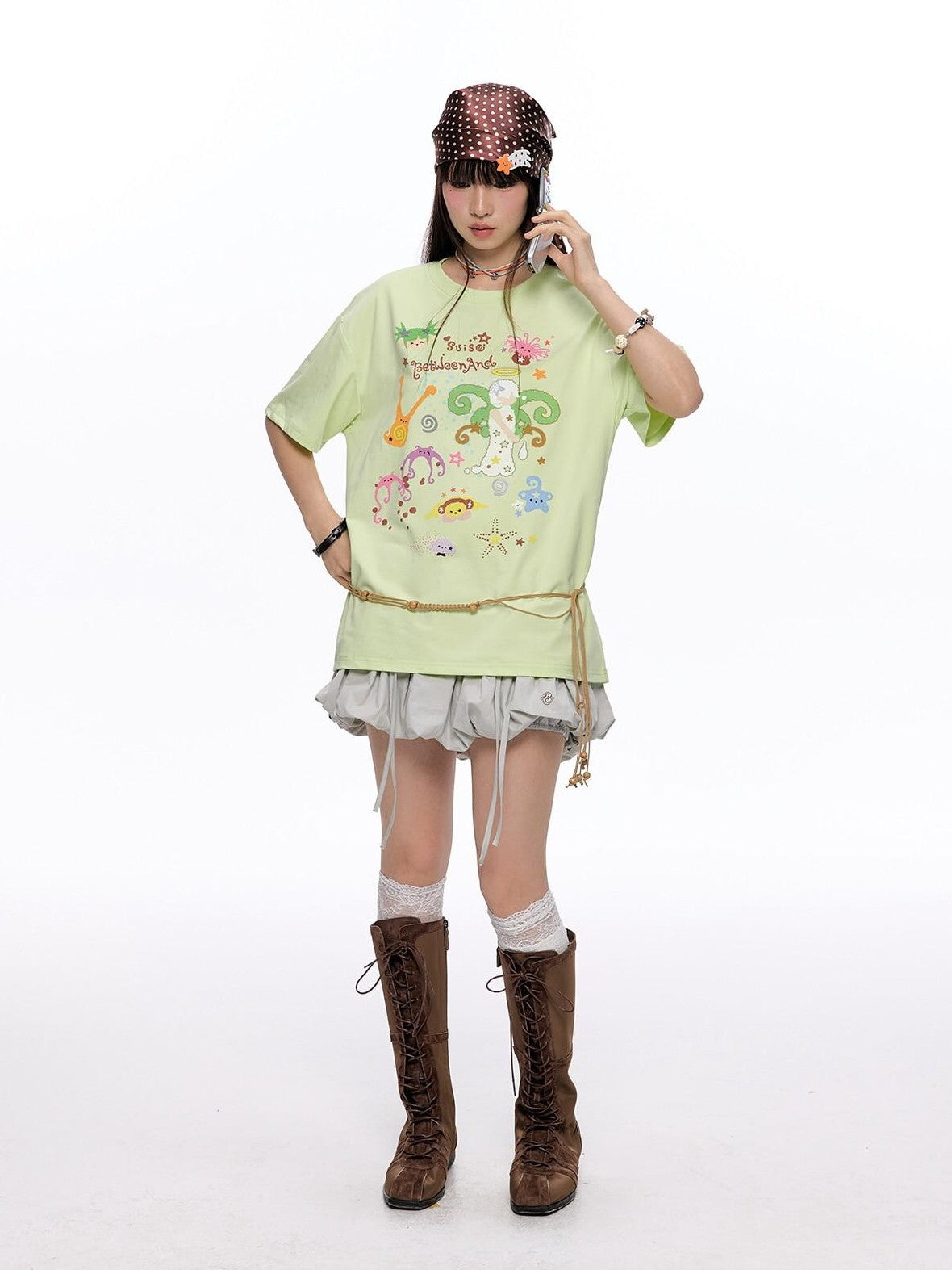 BETWEENAND Two Tone Printed Round Neck Women&