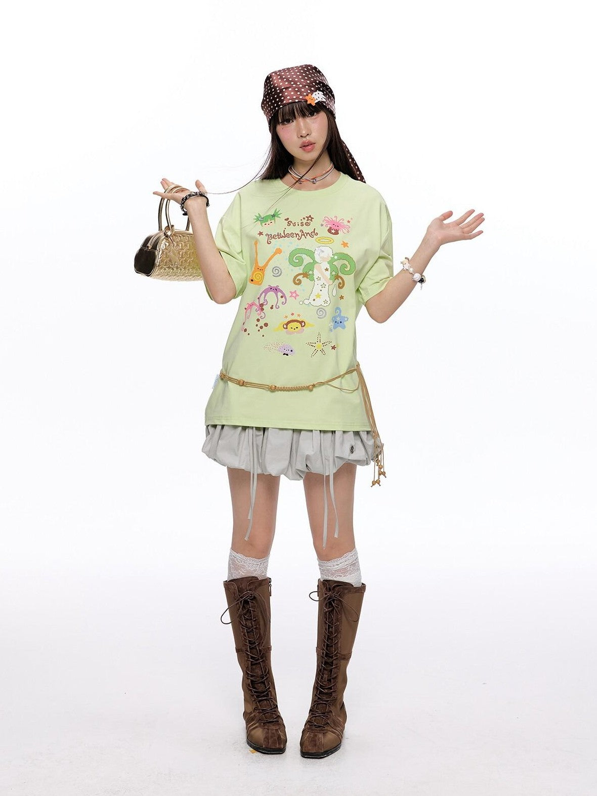 BETWEENAND Two Tone Printed Round Neck Women&