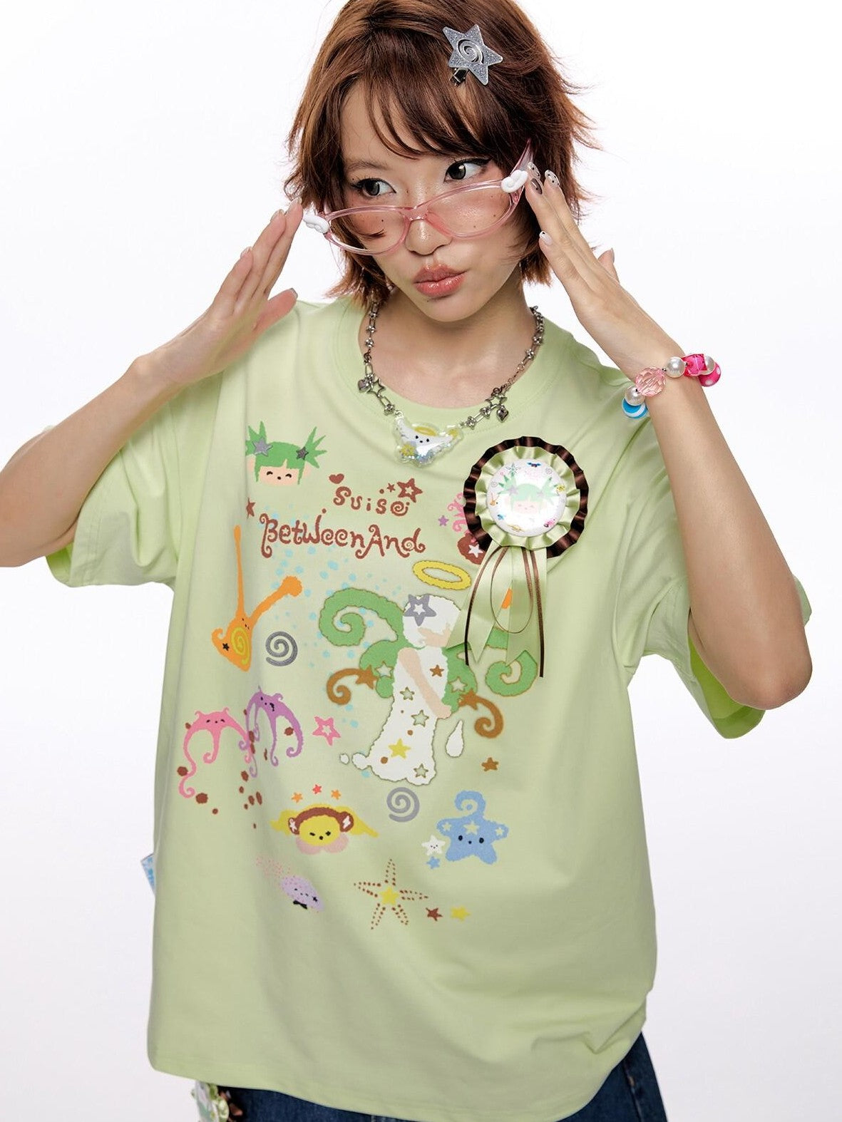 BETWEENAND Two Tone Printed Round Neck Women&