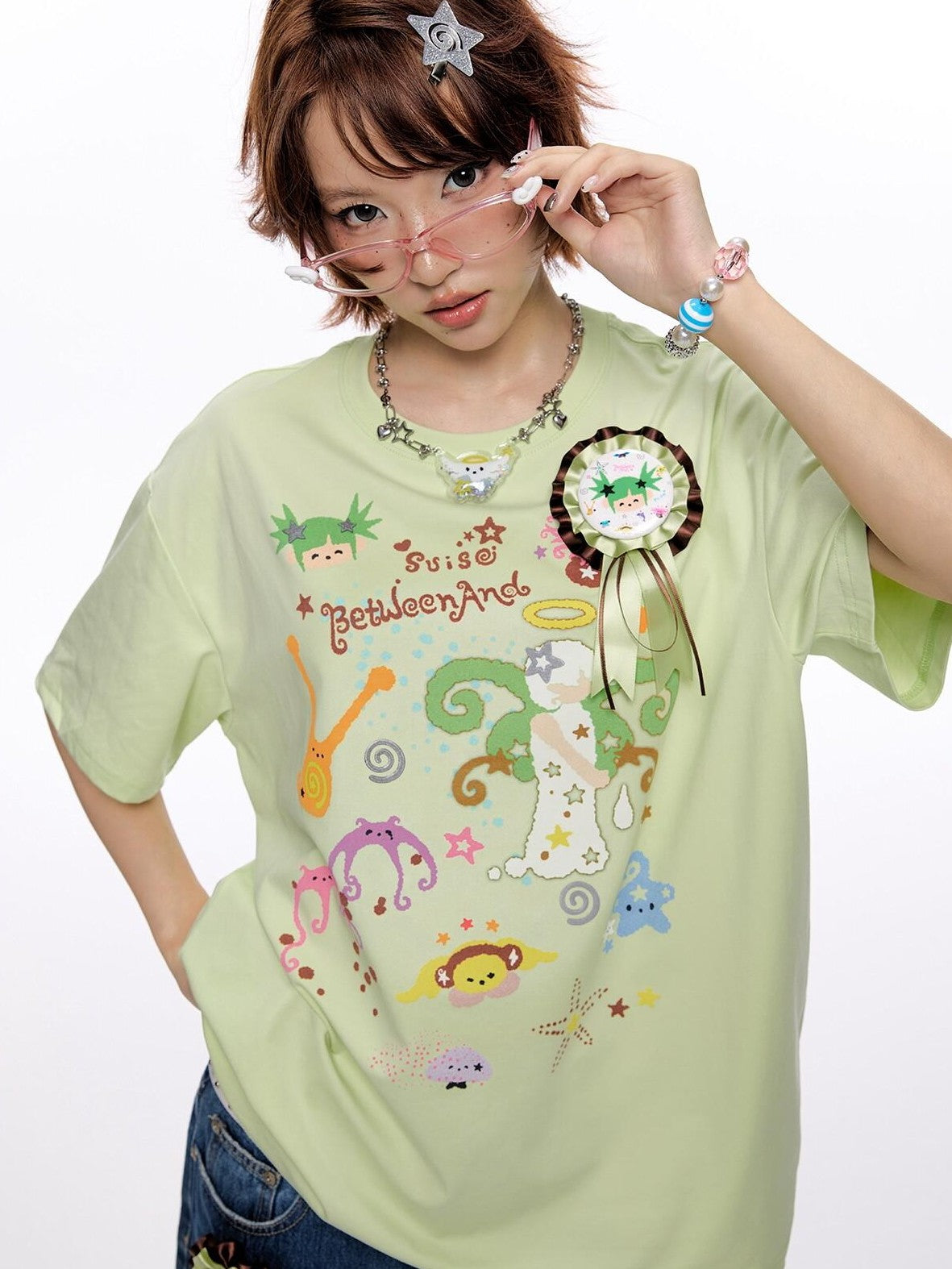 BETWEENAND Two Tone Printed Round Neck Women&