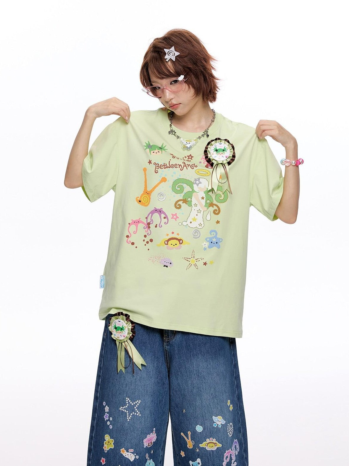 BETWEENAND Two Tone Printed Round Neck Women&