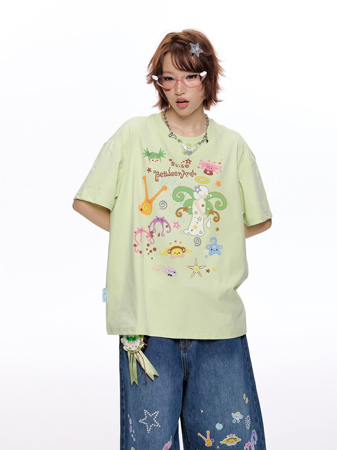 BETWEENAND Two Tone Printed Round Neck Women&