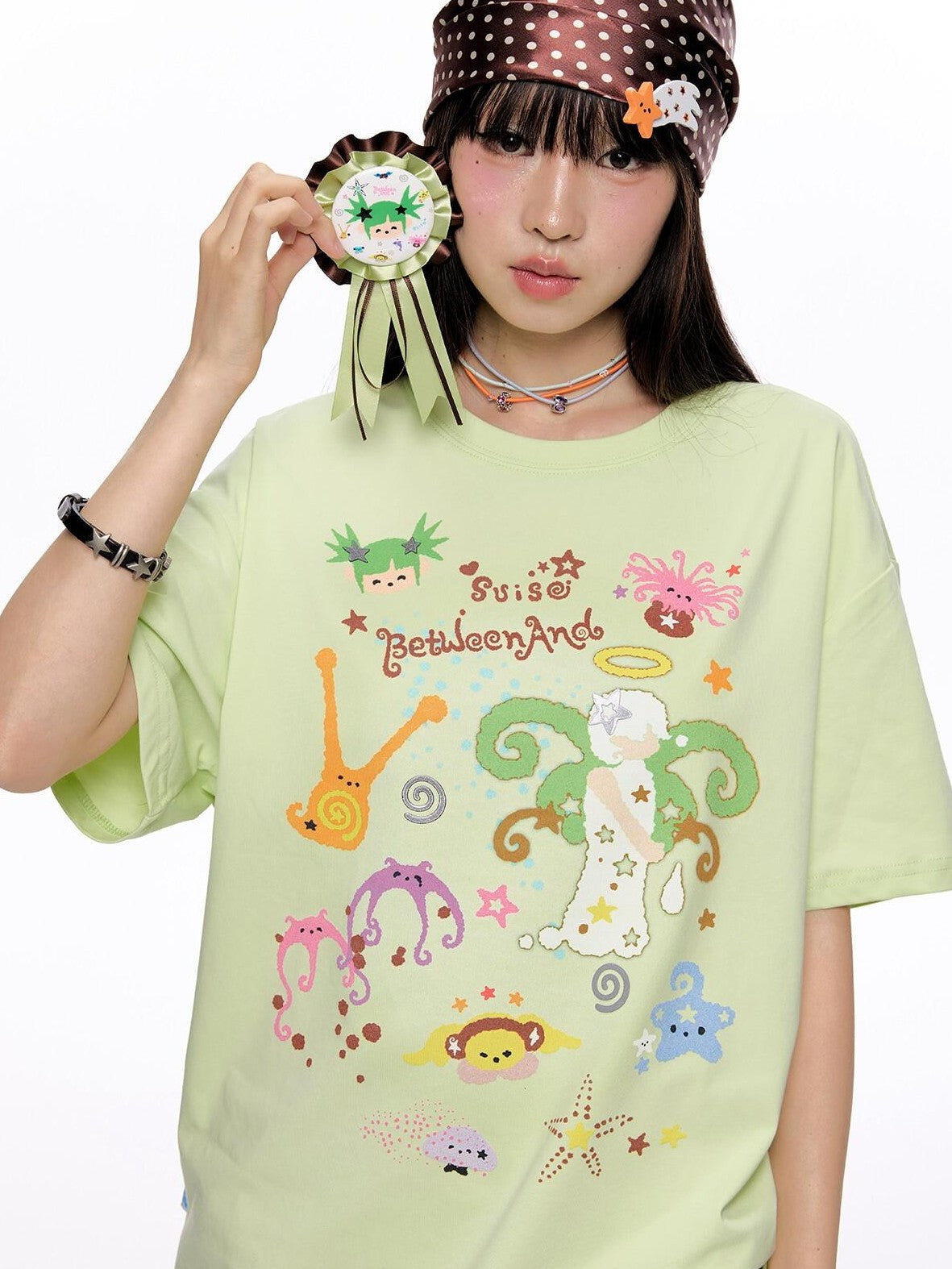 BETWEENAND Two Tone Printed Round Neck Women&
