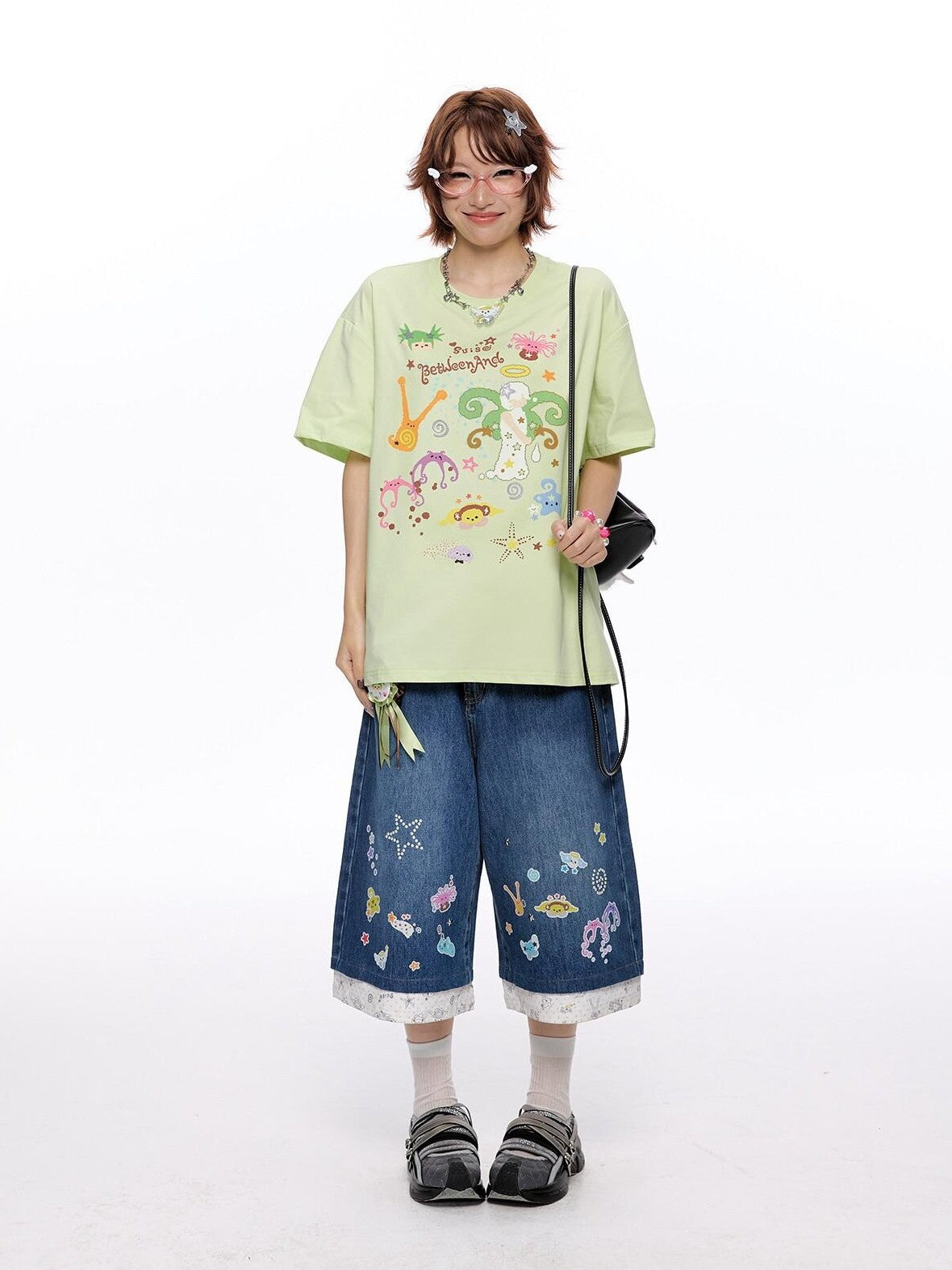 BETWEENAND Two Tone Printed Round Neck Women&