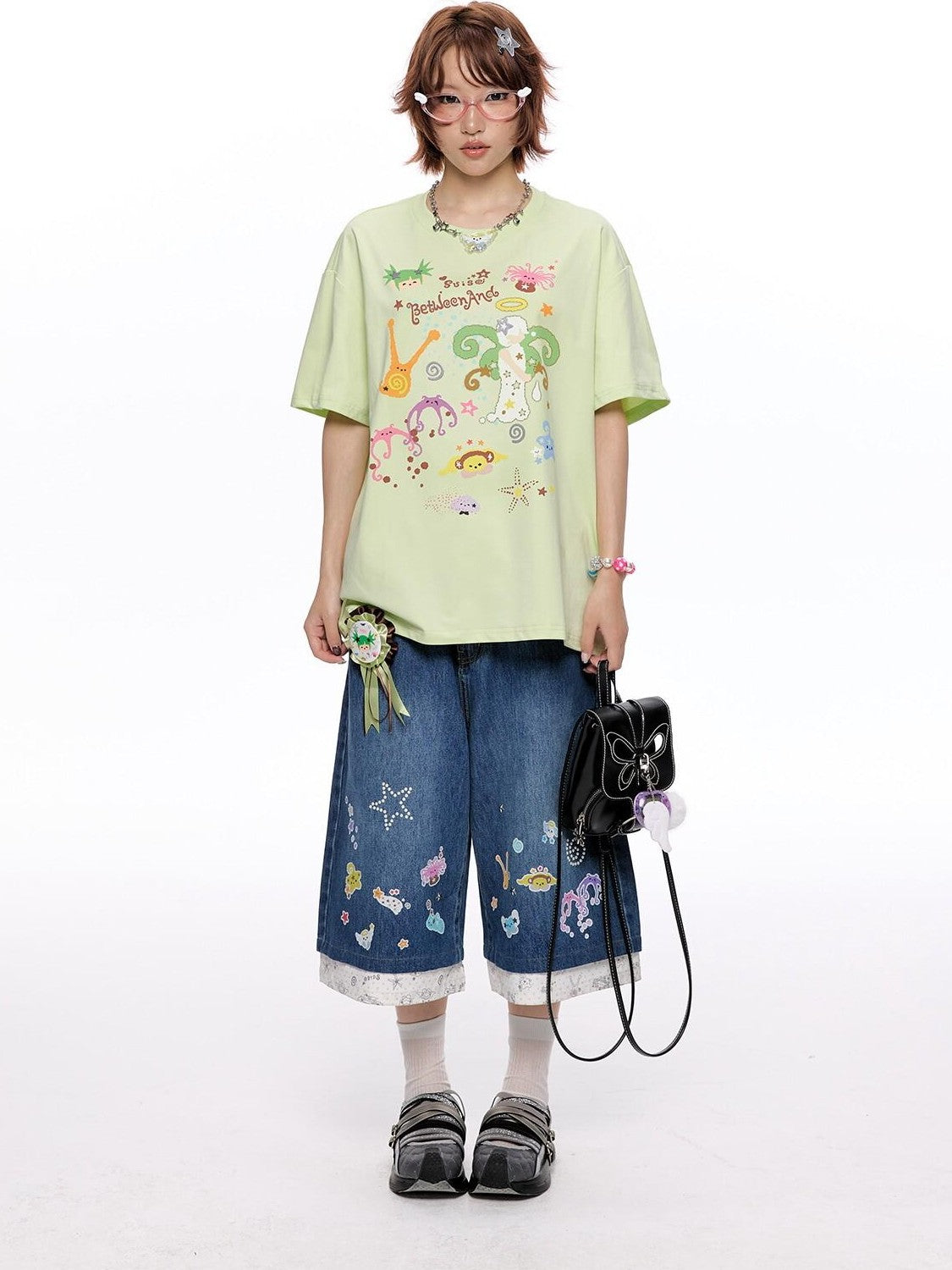 BETWEENAND Two Tone Printed Round Neck Women&