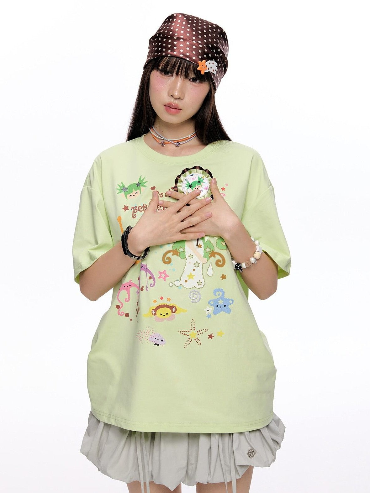 BETWEENAND Two Tone Printed Round Neck Women&