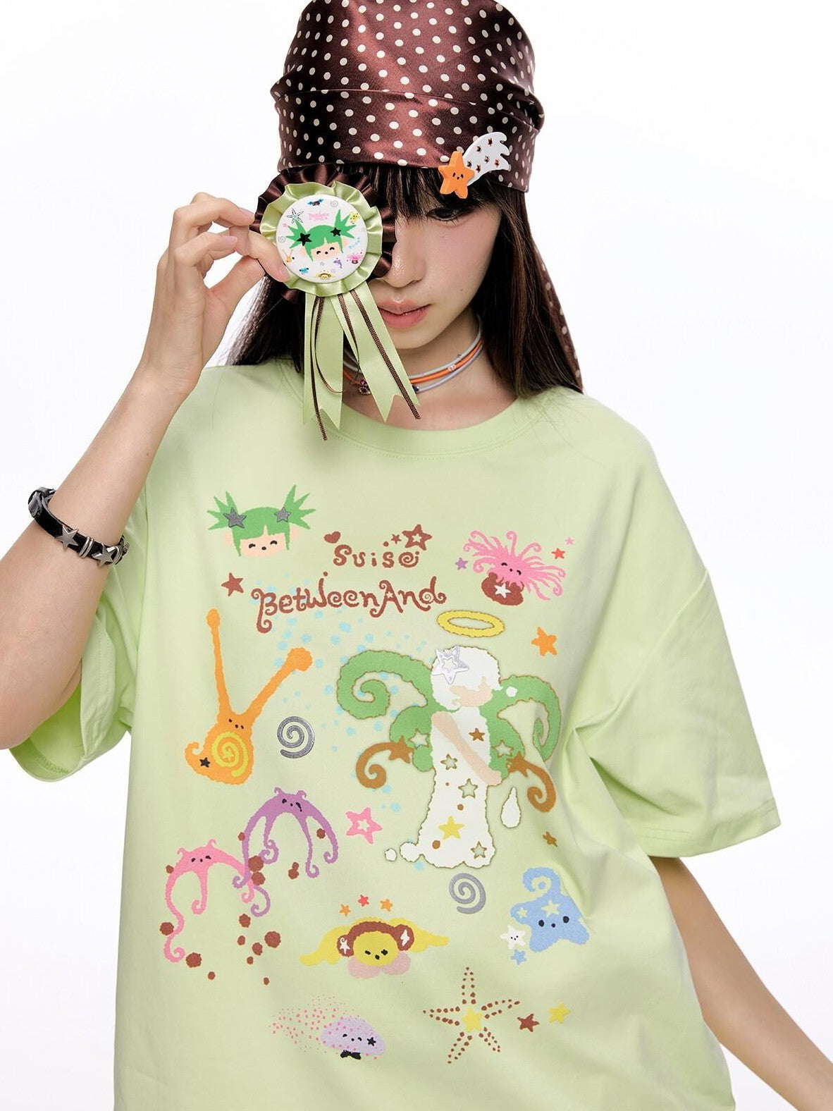 BETWEENAND Two Tone Printed Round Neck Women&