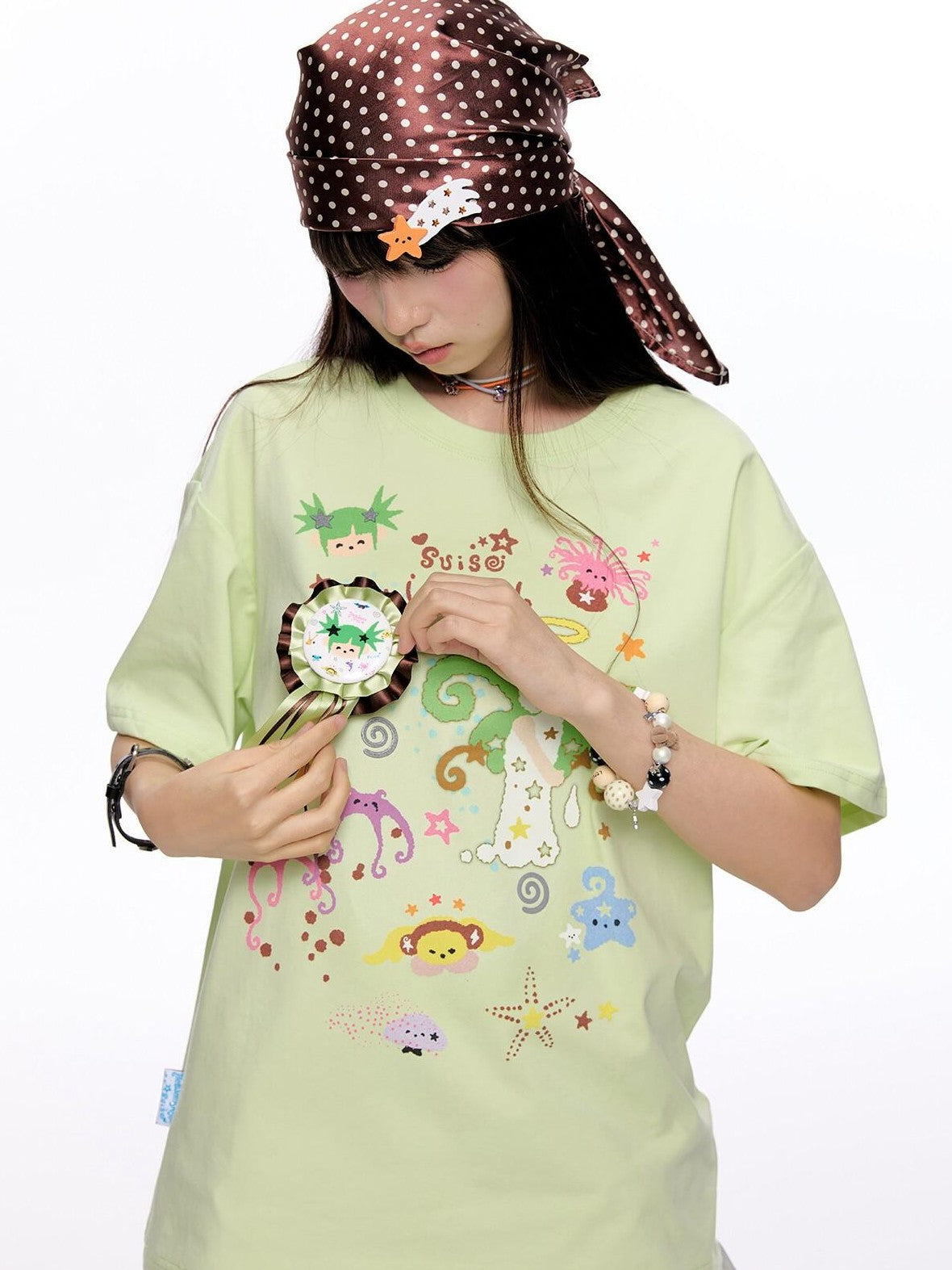 BETWEENAND Two Tone Printed Round Neck Women&