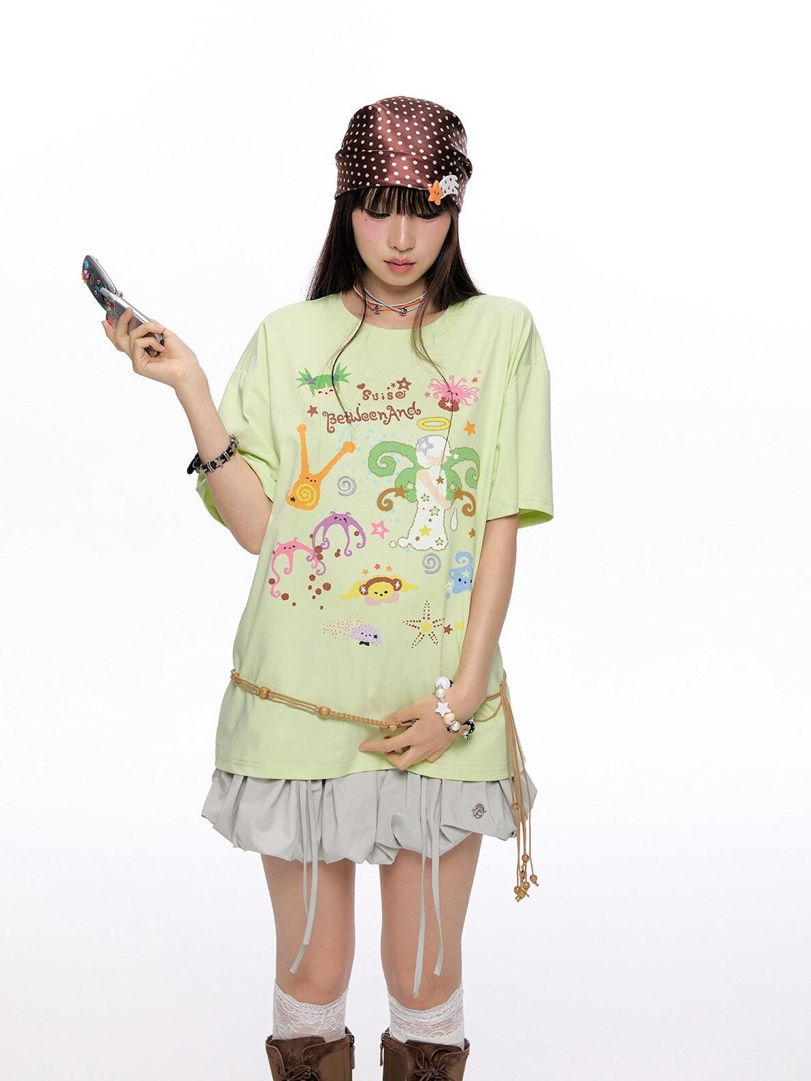 BETWEENAND Two Tone Printed Round Neck Women&
