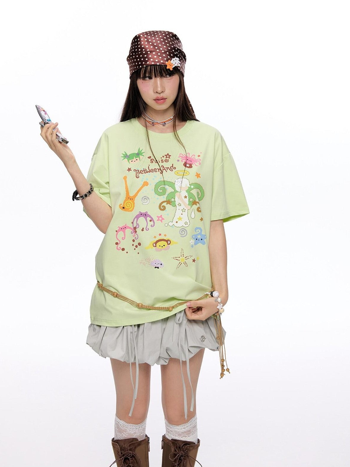 BETWEENAND Two Tone Printed Round Neck Women&