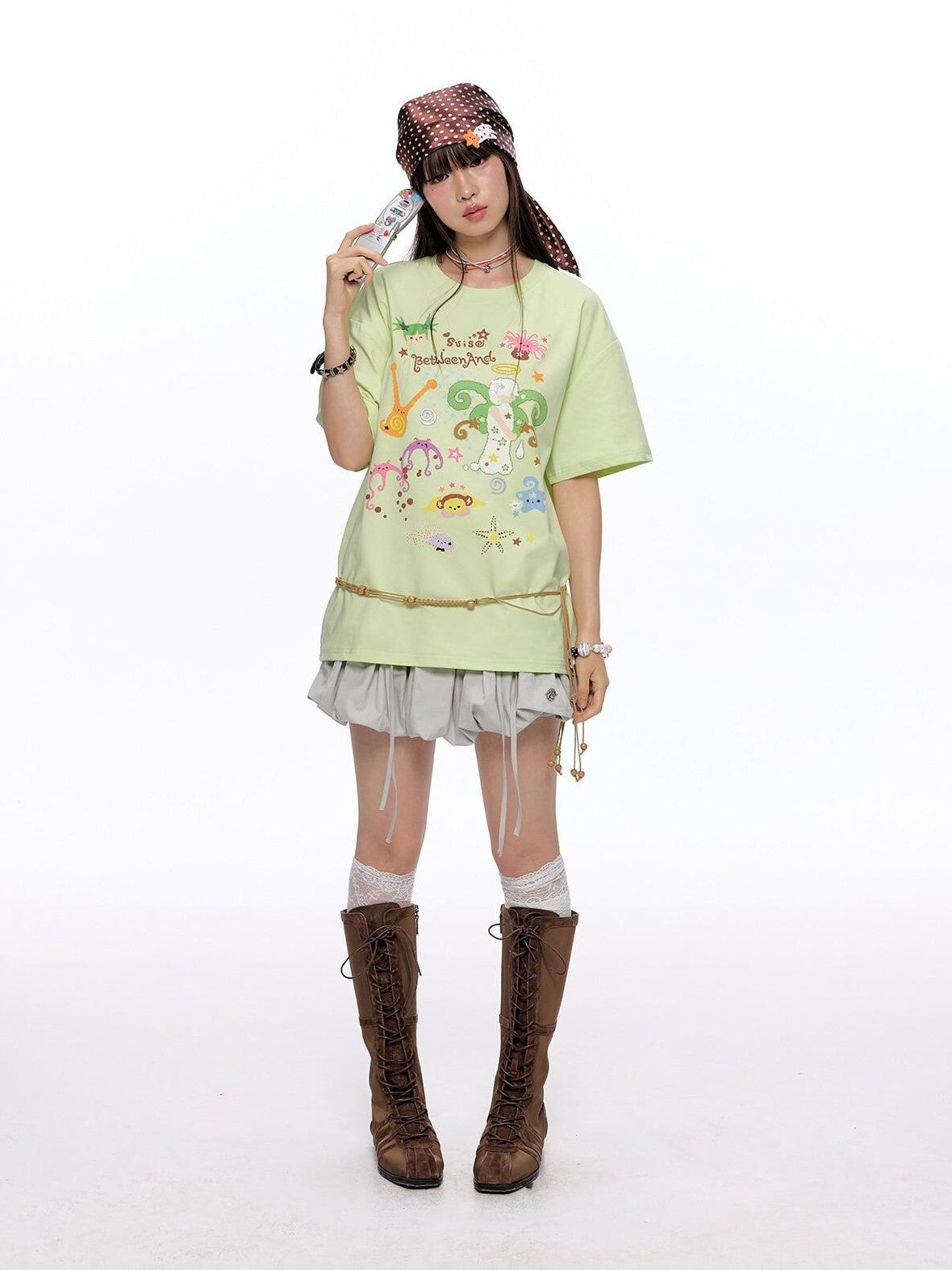 BETWEENAND Two Tone Printed Round Neck Women&