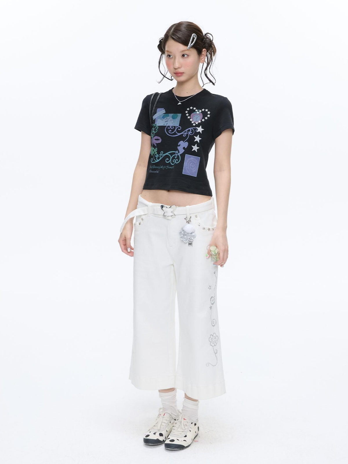 BETWEENAND Two Tone Vine Print Straight Shoulder Slim Fit Women&