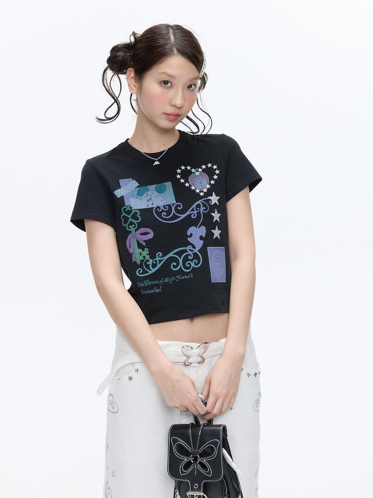 BETWEENAND Two Tone Vine Print Straight Shoulder Slim Fit Women&