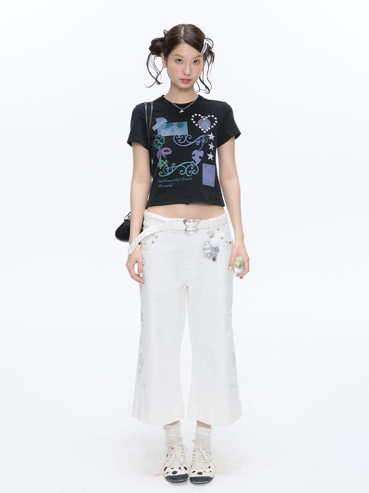 BETWEENAND Two Tone Vine Print Straight Shoulder Slim Fit Women&