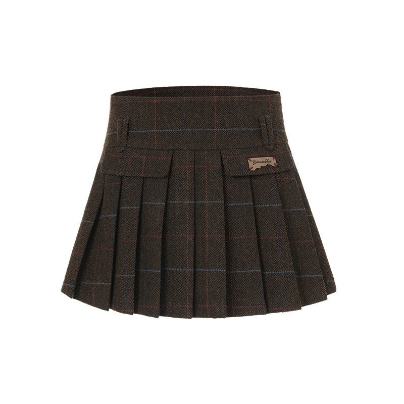 BETWEENAND_Vintage_Brown_Plaid_A_Line_Pleated_Women&