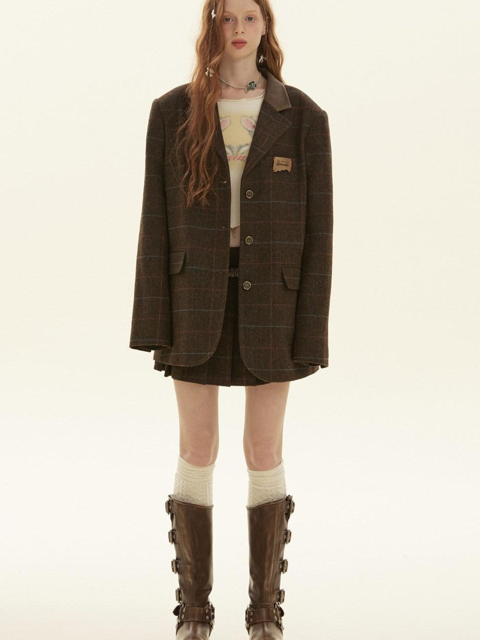 BETWEENAND Vintage Brown Plaid A Line Pleated Women&