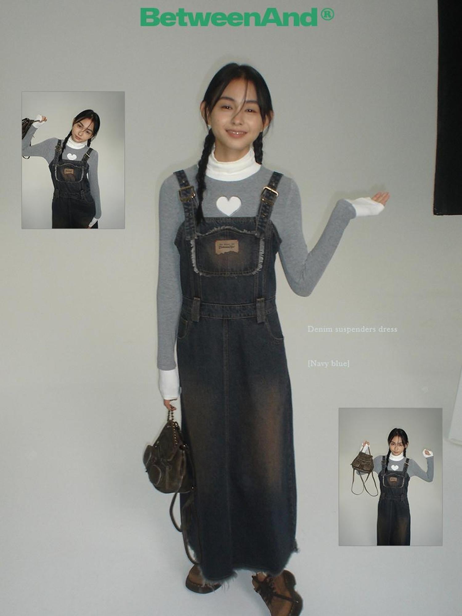 BETWEENAND Vintage Collegiate High Waist Denim Pinafore Women&