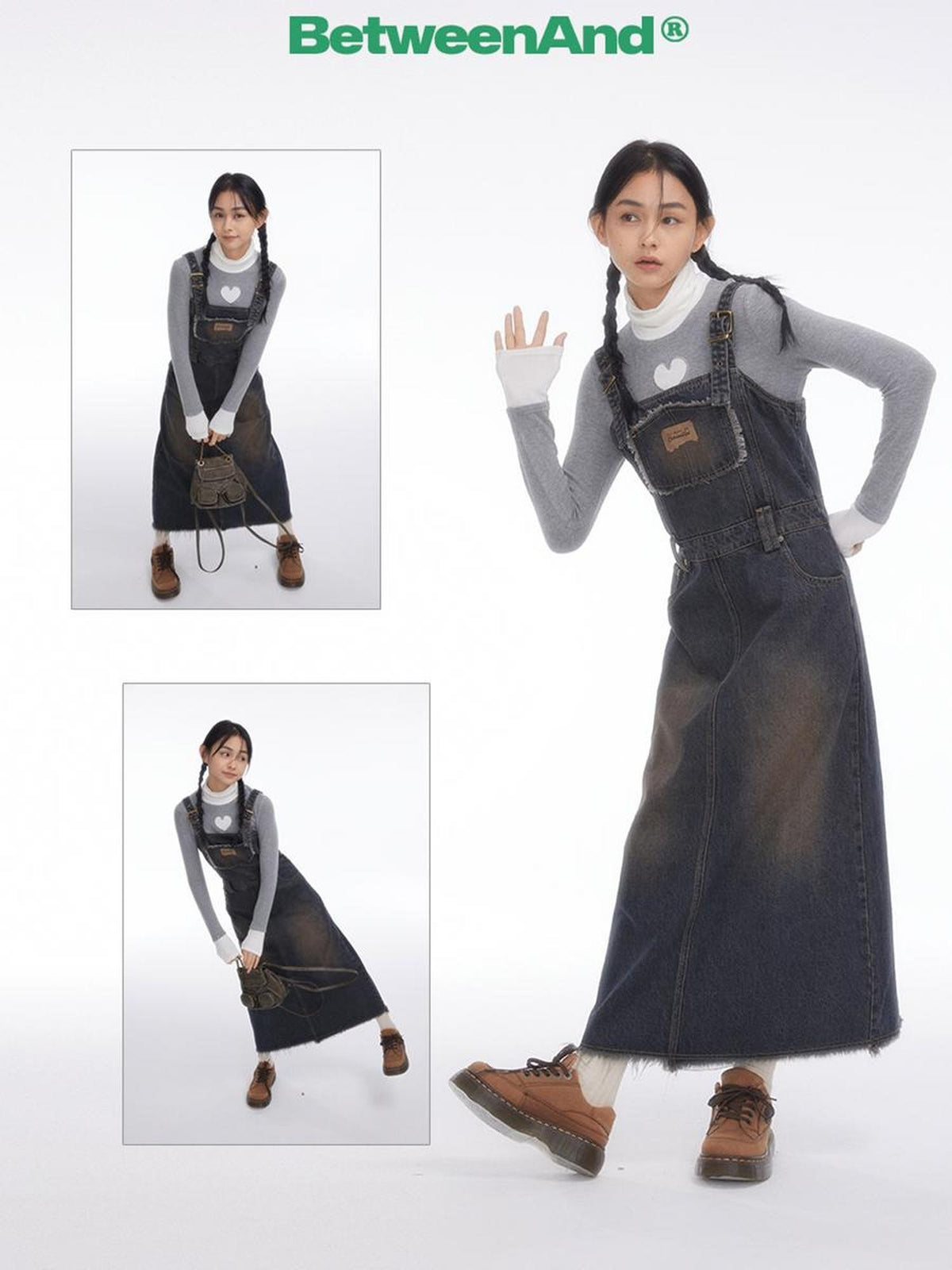 BETWEENAND Vintage Collegiate High Waist Denim Pinafore Women&