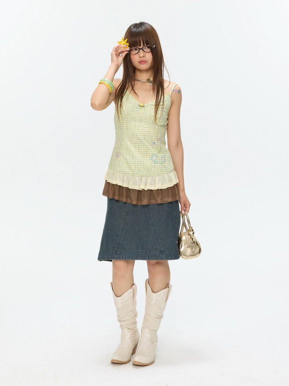 BETWEENAND Vintage Denim A Line Mid Waist Heavy Detailing Women&
