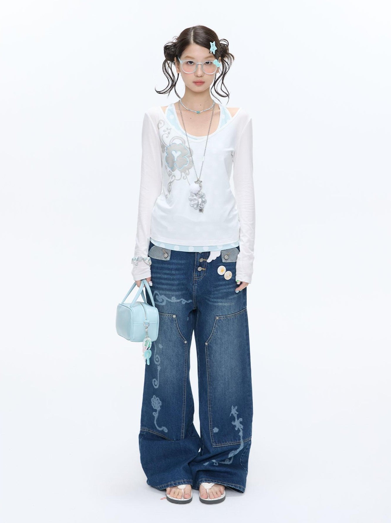 BETWEENAND Vintage Film Studded Washed Two Tone Print Women&