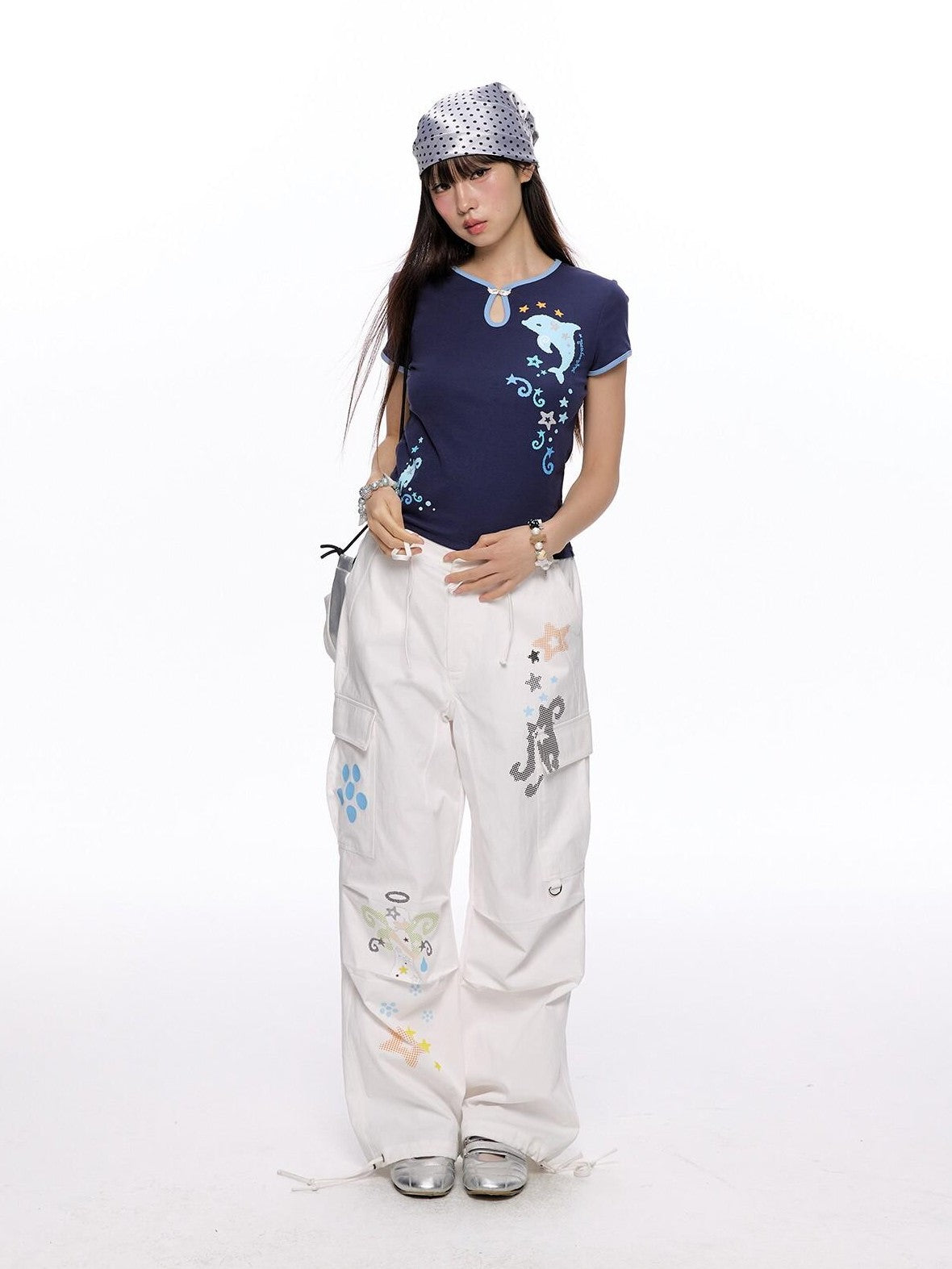 BETWEENAND Vintage Printed Slimming Two Tone Wide Leg Women&